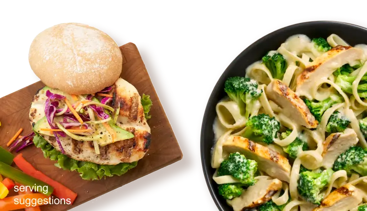 grilled chicken sandwich and chicken, broccoli, pasta skillet meal