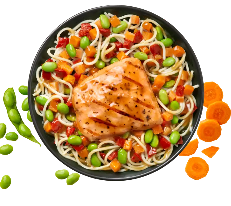 Salmon with pasta a vegetables