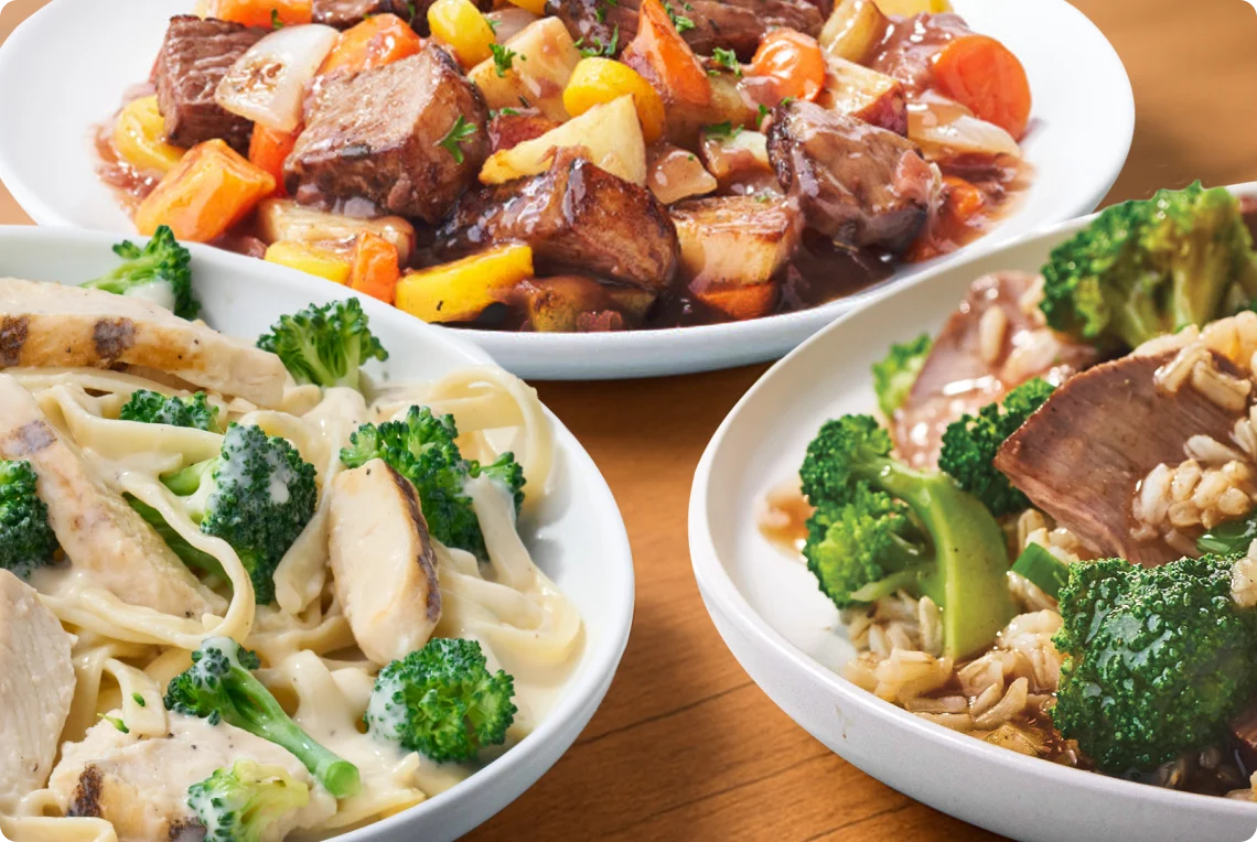 Nutrisystem Hearty Inspirations&trade; high protein meals: Merlot Beef with Root Vegetables, Bistro-Style Chicken Alfredo, and Sesame Beef & Broccoli with Brown Rice. 