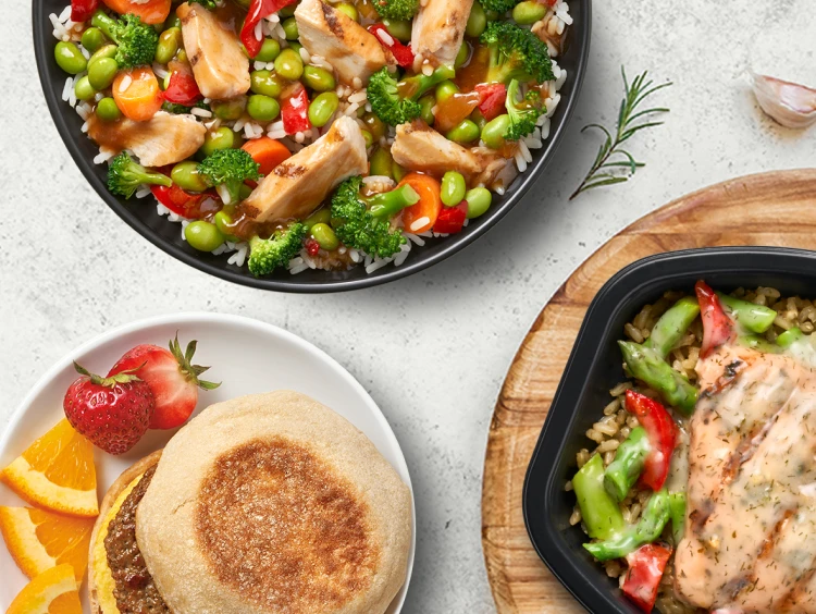 Nutrisystem Hearty Inspirations&trade; high protein Chicken in Teriyaki Sauce, Creamy Dill Salmon with Asparagus, and Turkey Sausage and Egg Muffin