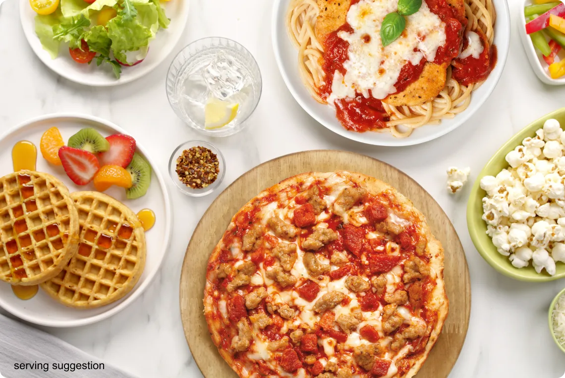 Nutrisystem Classic Waffles, Chicken Parmesan, Italian Sausage and Turkey Pepperoni Pizza, and White Cheddar Popcorn