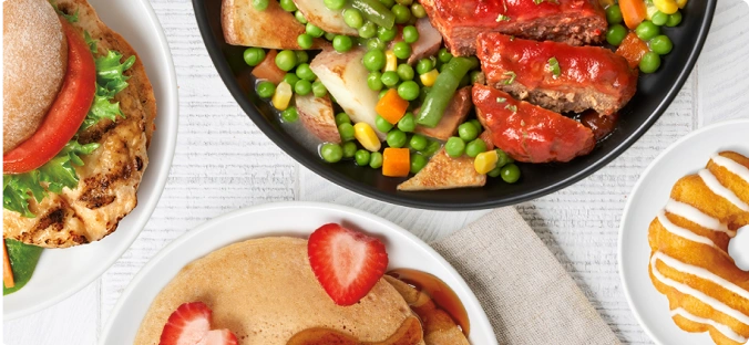 Pancakes, Chicken Sandwich, Chicken & Vegetables