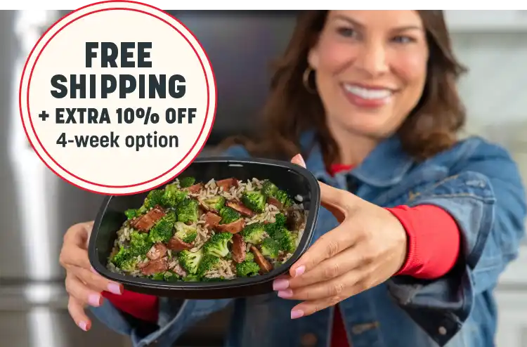 Jessica holding Sesame Beef. Free shippping + extra 10% 4-week option