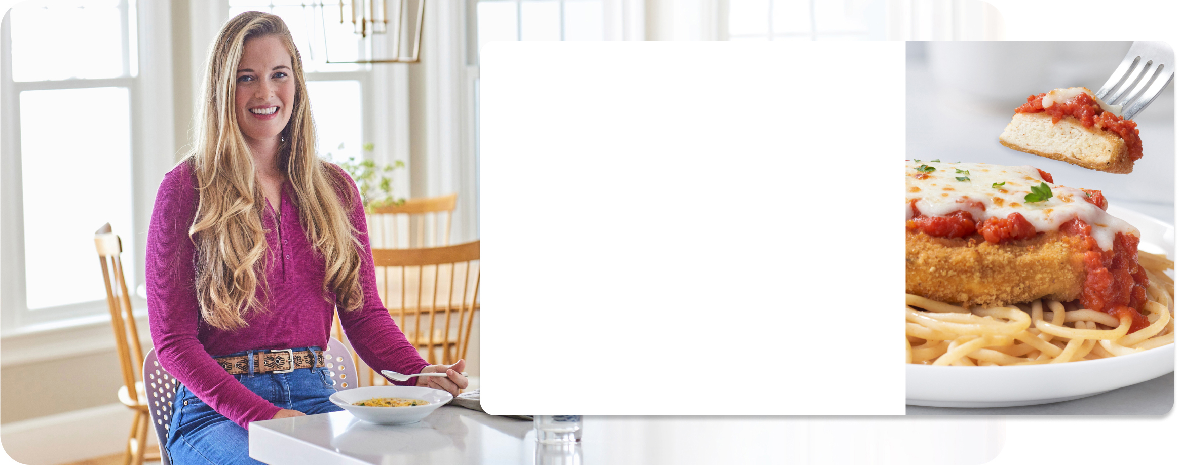 woman sitting at table preparing to eat meal